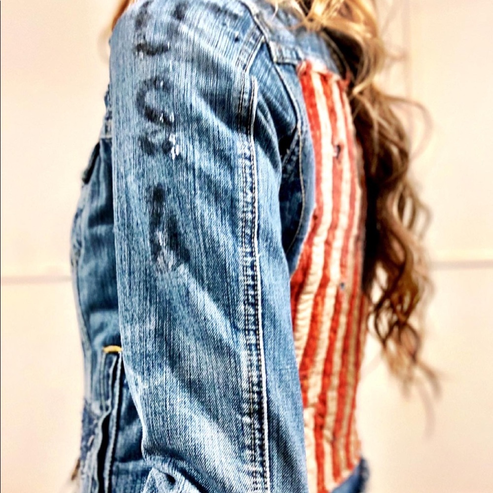 Distressed Jean Jacket • American Flag • Patches